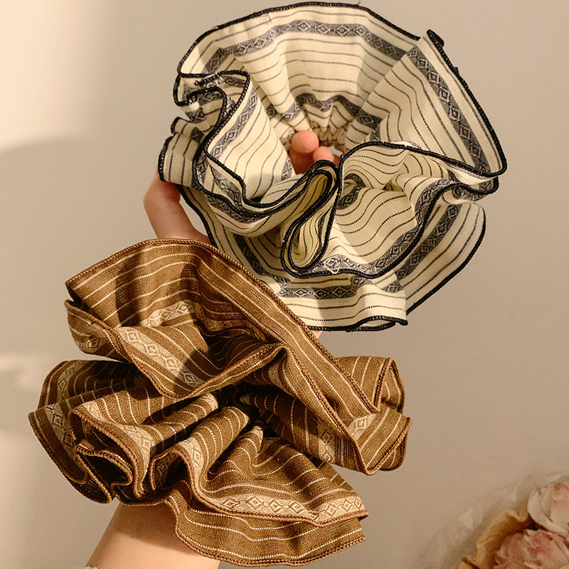 Retro francés ~ rayas de color curry anillo de pelo intestino grande mujer sensación de alto nivel perezoso viento de cola de caballo extra-gran adornos de cabello de cuerda de cabeza