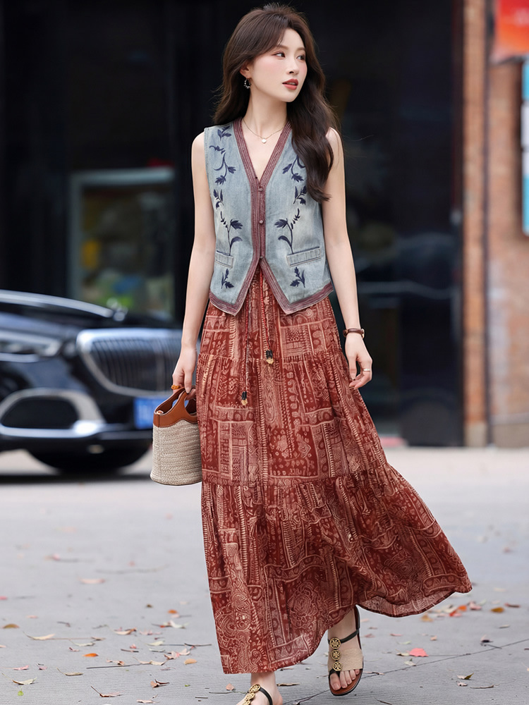 Set áo vest ren và chân váy midi hai mảnh nữ tính họa tiết thêu hoa — màu đỏ
