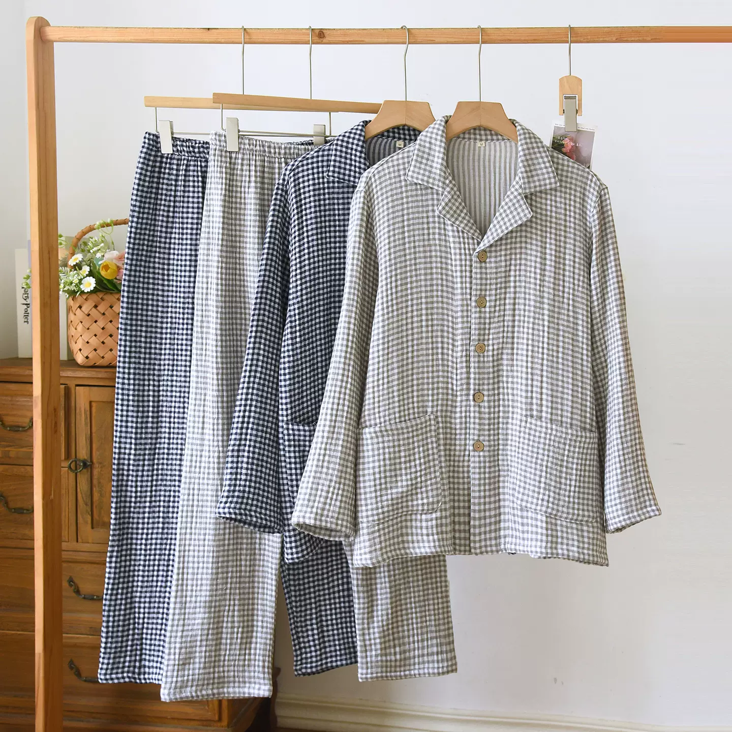 新款色织四层纱睡衣长袖长裤大码家居服水洗棉纱格子男士四季套装