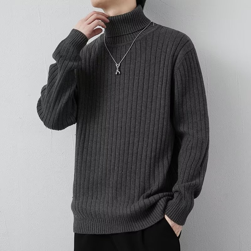 Cross-Border Turtleneck Knitwear Men's Bottoming Shirt with Stripes Winter New Loose Thickened Long Collar Solid Color Knitwear