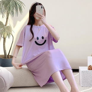 Cute Smiley Pajamas Women's Summer Thin Internet Popular Ins Style Short-Sleeved Nightdress plus size Loose Outer-Wearing Home Clothes