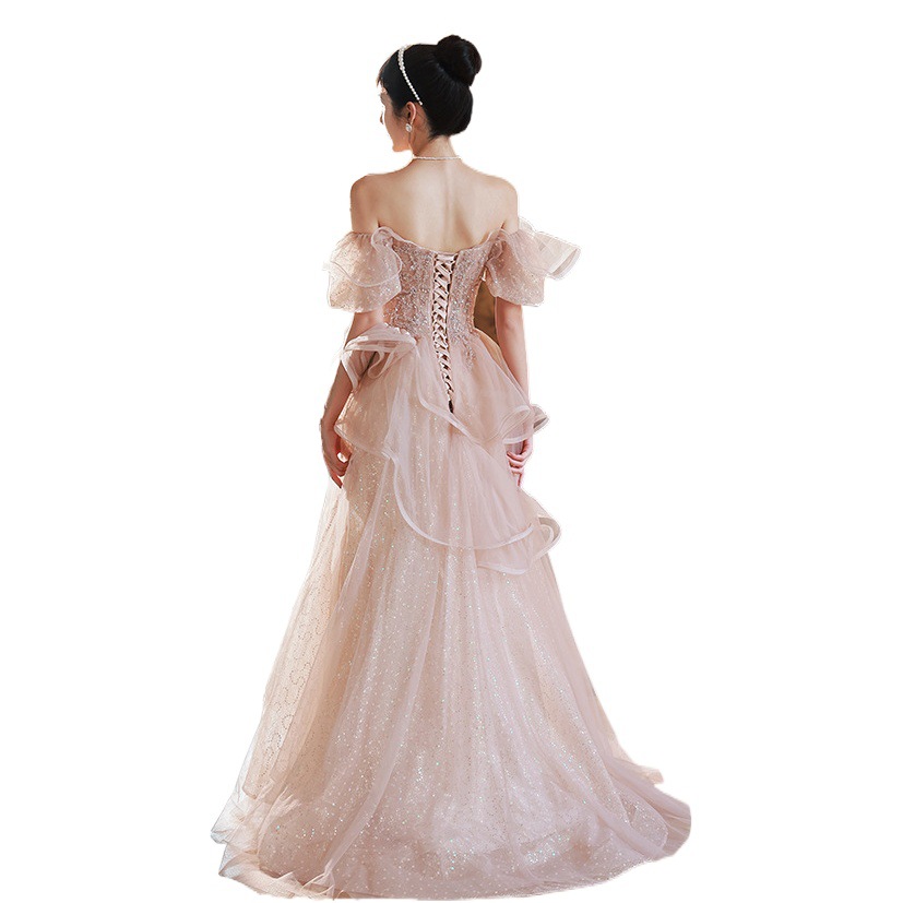 Vestido de noche Rosa 2024 verano y otoño Socialite elegante compromiso francés Mori Hada vestido de dama de honor vestido de noche fuera del hombro