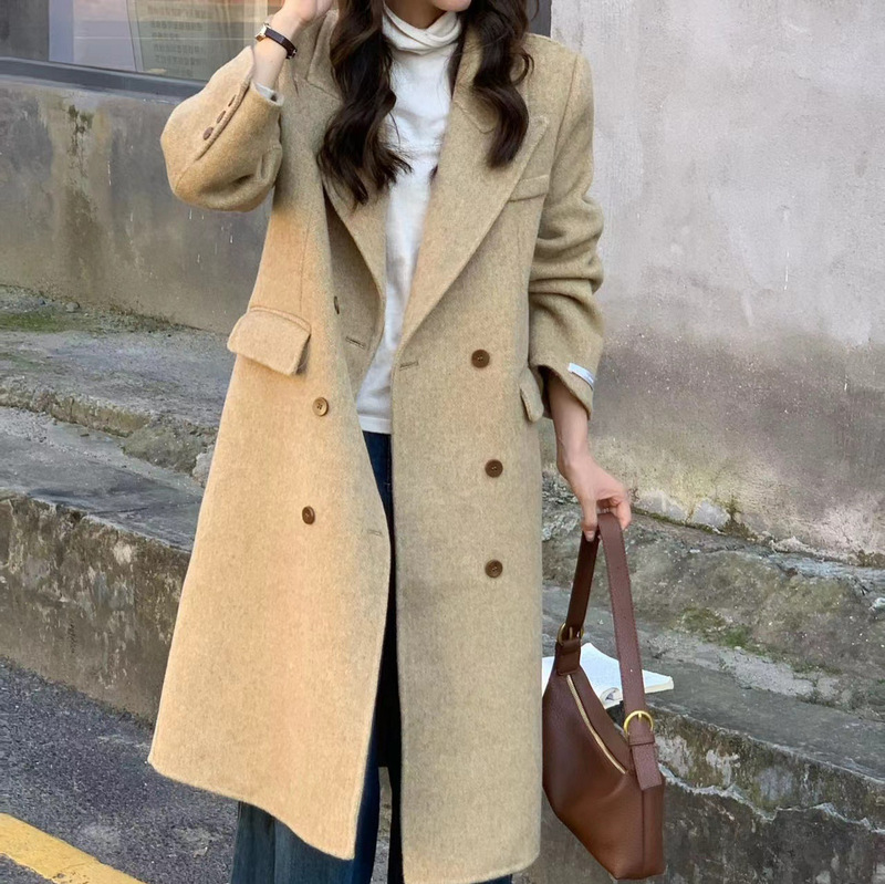 Han Xi Yang Autumn and Winter New Elegant Double-sided Wool Coat Women's Korean-style Double-breasted Mid-length Slim-fit Wool Coat