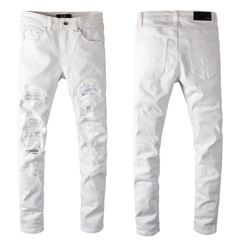 625 New AMIRI White High Street Ripped Diamond Jeans Men's Patch Stretch Slim Fit Slimming Jeans 625 New AMIRI White High Street Ripped Diamond Jeans Men's Patch Stretch Slim Fit Slimming Jeans