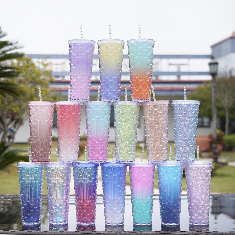 メーカー直販 二層構造プラスチックストローカップ おしゃれな新作 魚鱗カップ 大容量 ドリアンカップ ウォーターカップ 越境で人気販売中|undefined