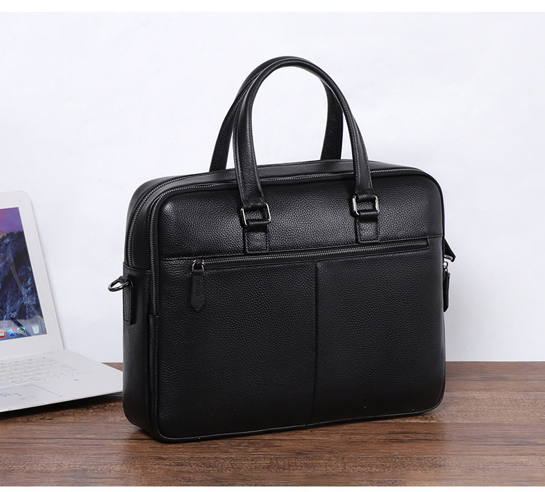Túi xách tay nam da bò thật 39×10×29 cm có hai ngăn khóa kéo, đeo chéo một vai — Màu đen chi tiết 3