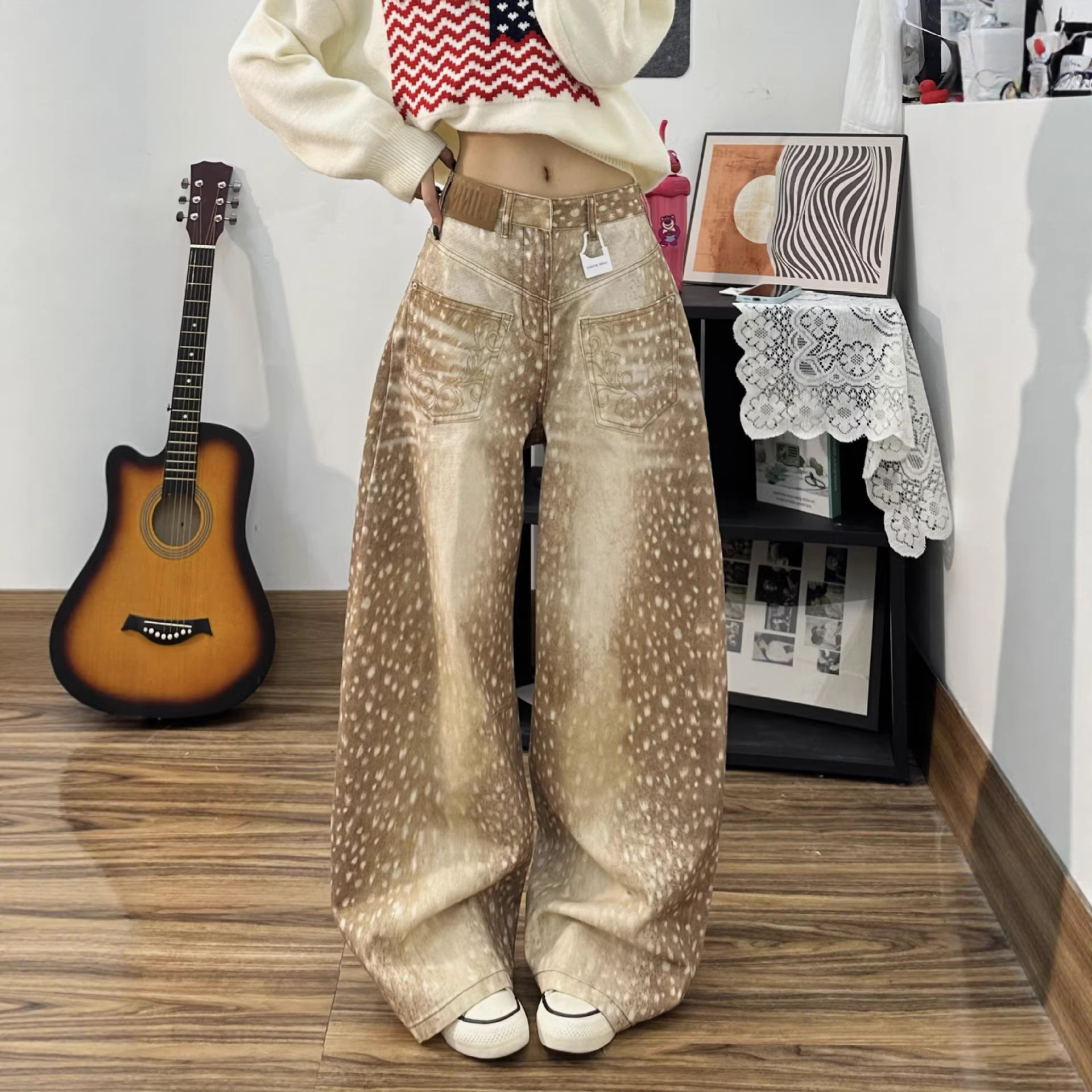 Women's Clothing Women's Retro Deer Print Wide Leg Jeans Loose Fit Floor Length Spring Style For Formal & Casual For Women_voghion.com