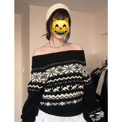 费尔岛圣诞一字肩毛衣女冬季撞色提花软糯针织衫宽松辣妹上衣外套