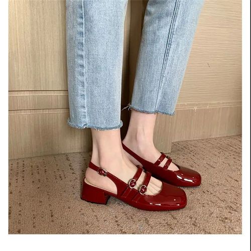 French Toe Sandals Women Summer  New Square Head Thick Heel Back Hollow Single Shoes Retro Double Button Mary Jane Sandals 