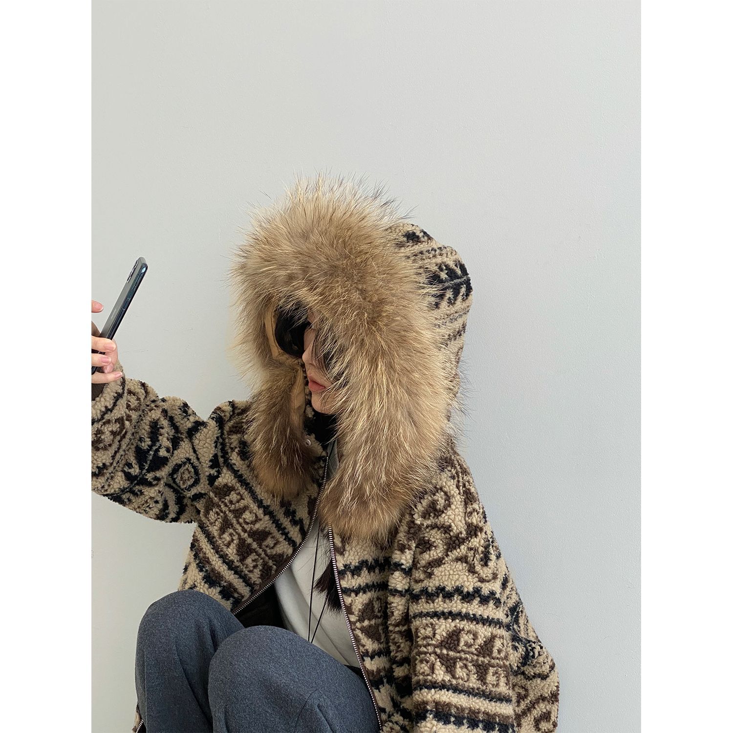 那末韩系复古费尔岛貉子毛领外套女保暖加厚摇粒绒休闲上衣Q2225