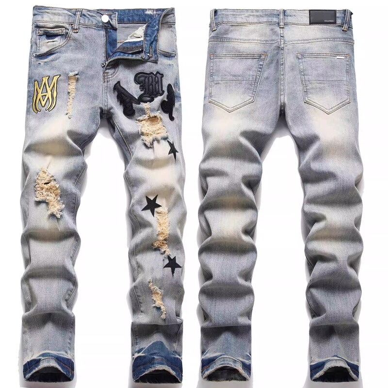 Am Foreign Trade Men's Jeans with Ripped Holes and Embroidered Five-Pointed Stars, Trendy Stretch Slim-Fit Skinny Pants, High-End Casual Men's Pants