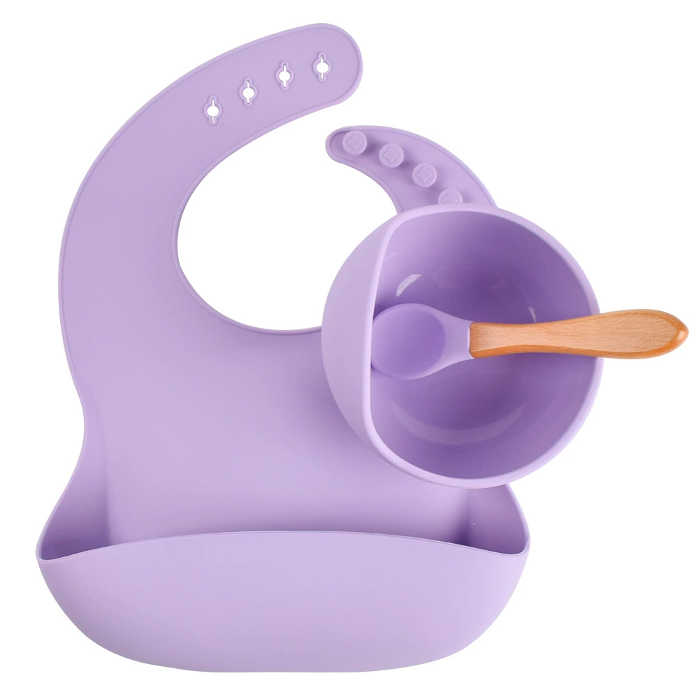 Silicone children's tableware set — bib, bowl and spoon with suction base, multi-color
