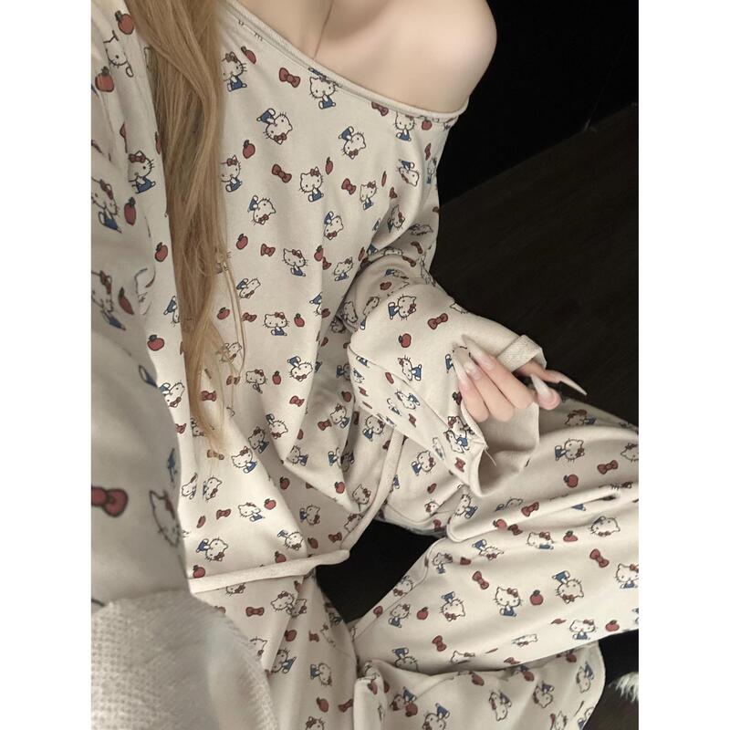 Lazy and Cute Style Kitty Cat Printed Velvet Pajamas for Women Autumn and Winter New Style Comfortable and Warm Home Wear Set