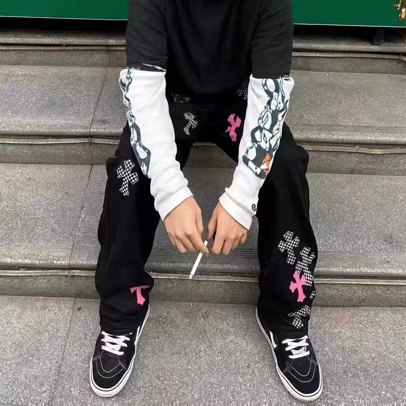 Cross-border Foreign Trade Leather Embroidered American Style High Street Fashion Brand Vintage Washing Water Loose Casual Men's and Women's Straight Jeans