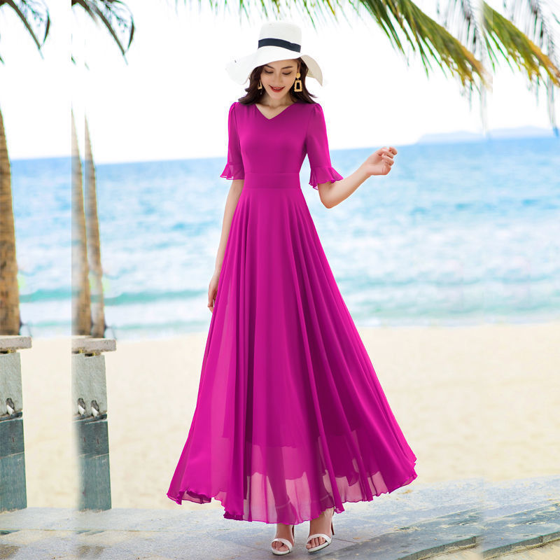 Summer New Long Chiffon Dress with Large Hem, Plus-Size Mom's Vacation Beach Dress, Flowing Long Dress