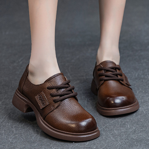  Autumn New Women's Single Shoes with Thick Heel, Medium Heel, Soft Sole, Washed Head Layer Soft Calfskin Laced Four Seasons Deep Mouth Shoes