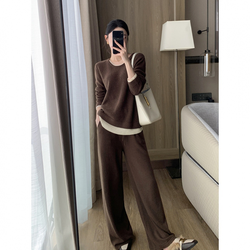 7591 French Accessible Luxury High-End Fake Two-Piece Knitwear Suit Autum Fashion Casual Wide-Leg Pants Two-Piece Set for Women