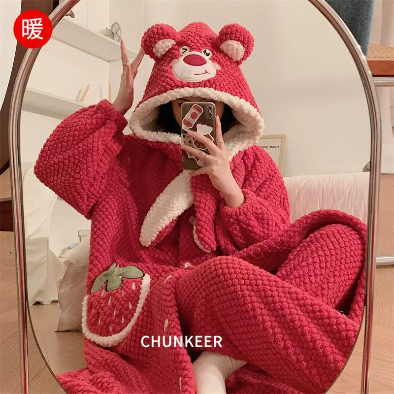 新款加绒袍套女冬套装睡袍珊瑚绒秋冬睡衣加厚保暖家居服可爱卡通