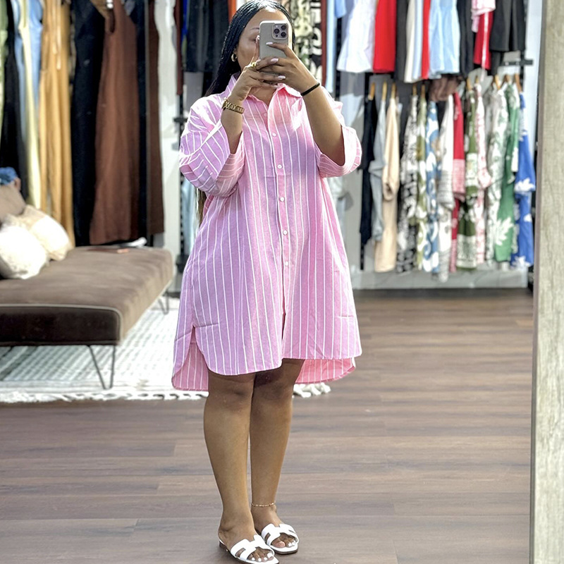 Camicia a righe oversize da donna – Blusa a maniche lunghe con bottoni e vestibilità comoda (rosa/blu/kaki, S-2XL)_voghion.com