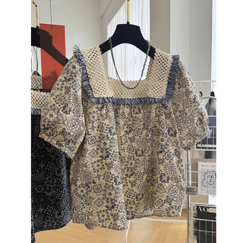 2026 Summer New Style Plus-Size Women's Unique and Chic Lace Patchwork Square-Neck Shirt Top for Women