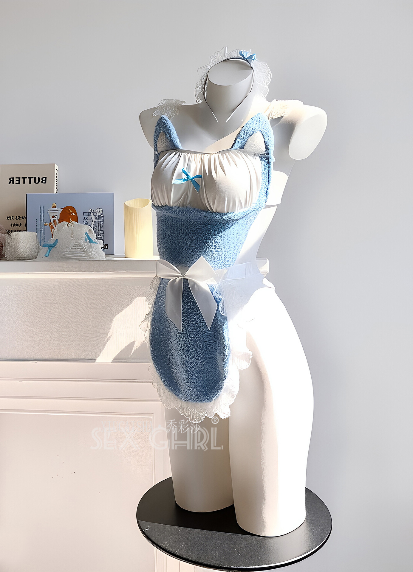 Plus-Size Cat Girl Cosplay Uniform Set with Blue Plush Bow and Stockings — detail image 9