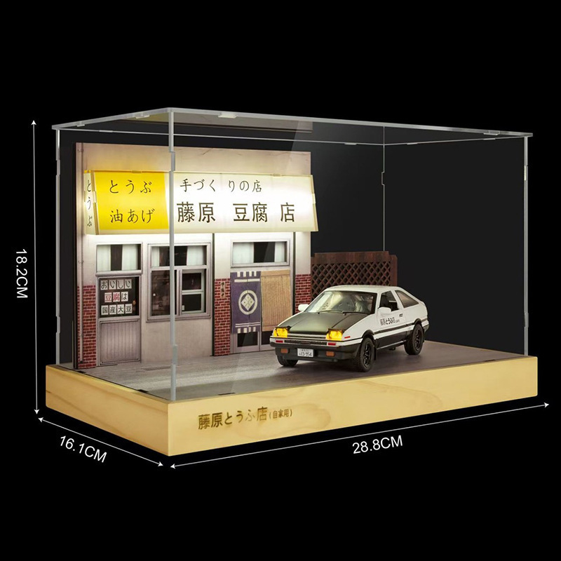 Jianyuan 1:32 fuyuan tofu tienda AE86 modelo con luz coche de juguete escena decoración soporte exhibición acrílico