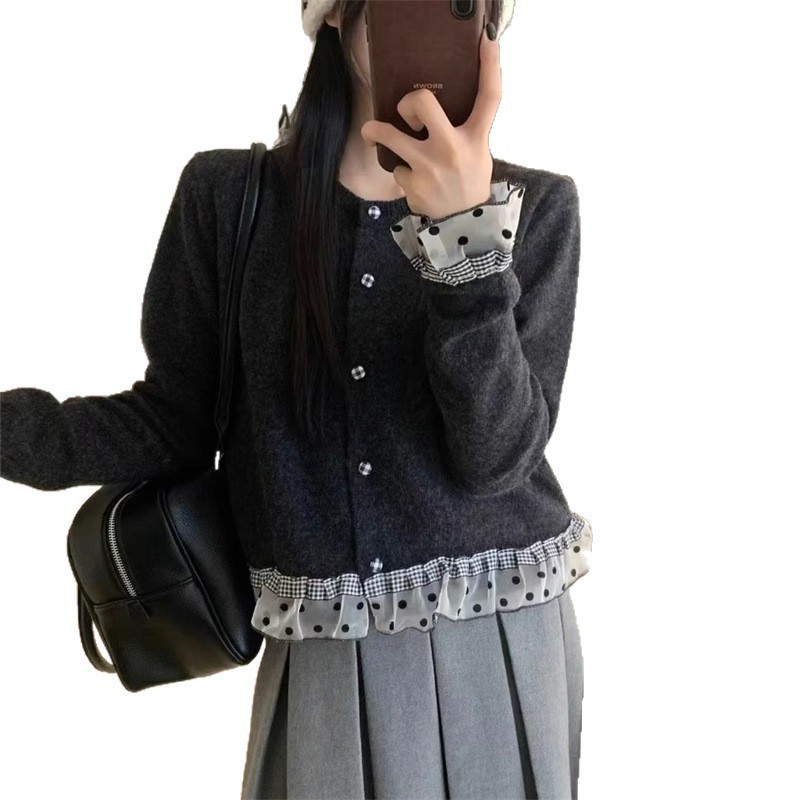 KANING韩系甜美蕾丝拼接针织衫开衫2025秋冬新款气质短款毛衣上衣|undefined