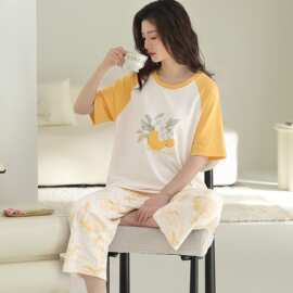 夏季新款纯棉女短袖七分裤套头睡衣印花休闲女家居服图片色圆领