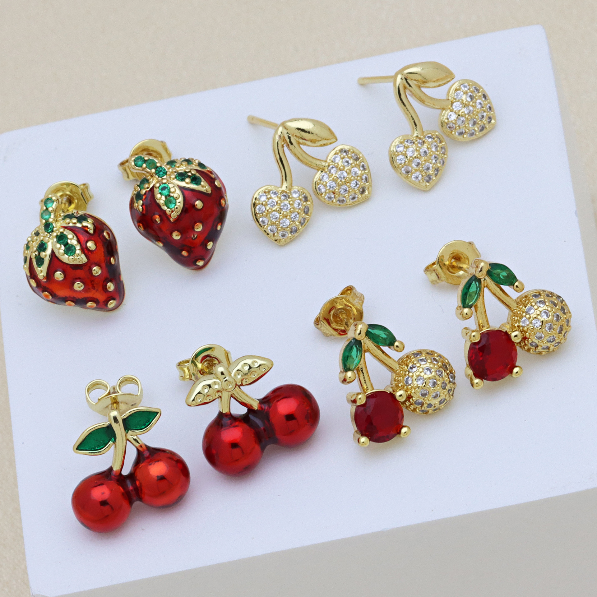 7g Weight Brass Ear Needle Material Zircon Inlay Material Ear Studs Classification 1 Pair Quantity Daily Occasion Copper Material Cherry, Strawberry Pattern Women's Gender Enamel, Inlay Design Simple Style Style 1 Pair Simple Style Cherry Strawberry Enamel Inlay Copper Zircon Ear Studs 无