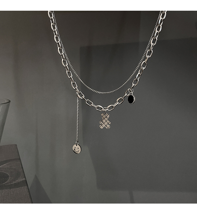 Double Layered Necklace Titanium Steel Teddy Bear Pendant Minimalist_voghion.com