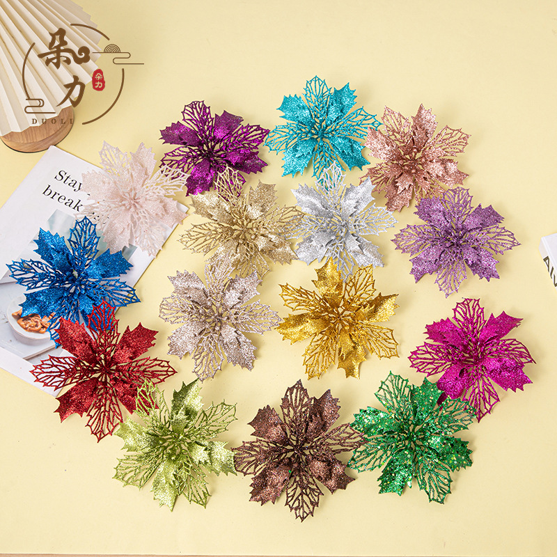 Christmas decoration 16cm glitter hollow Christmas flower simulation glitter powder Christmas flower ornaments shooting props Christmas decoration 16cm glitter hollow Christmas flower simulation glitter powder Christmas flower ornaments shooting props