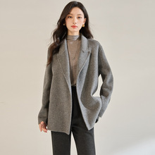 25秋冬新款纯手工双面呢羊毛外套女短款系带收腰西装领大衣29015