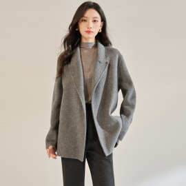 25秋冬新款纯手工双面呢羊毛外套女短款系带收腰西装领大衣29015