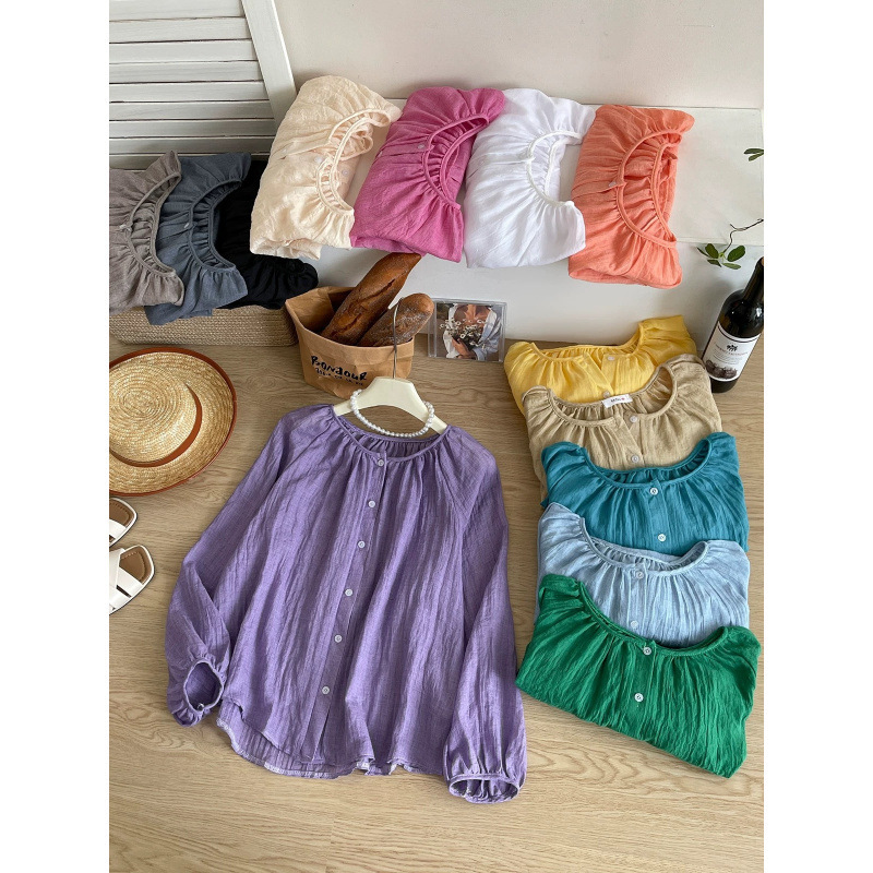 2026 Summer New Japanese and Korean Style Comfortable Loose Balloon Sleeve Vacation Style Cotton and Linen Sun Protection Shirt Women's Top