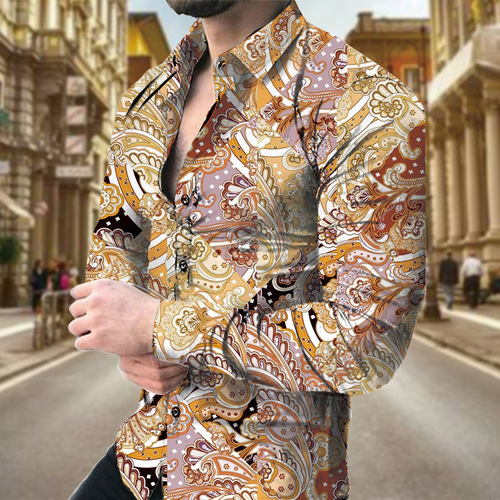 Spring Men's Digital Print Cashew Flower Striped Casual Long Sleeve Stand Collar Slim Shirt