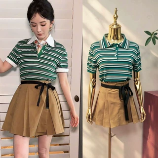 杨幂条纹翻领短袖T恤女夏季新款学院风修身上衣撞色polo衫+半身裙