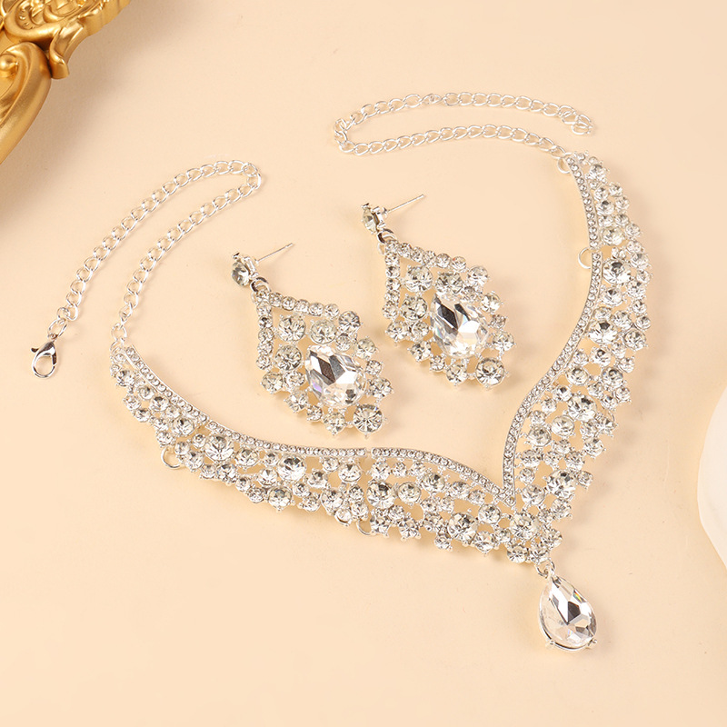 Conjunto de joyería de diamante transfronterizo, collar europeo y americano, pendientes de dos piezas, joyería de diamante de lujo de alto nivel.