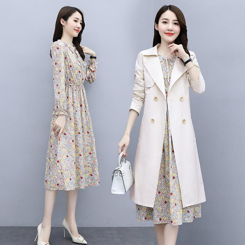 Net Red Windbreaker Dress Two piece set Spring Waist Show thin temperament Long sleeve Suit skirt Early Autumn