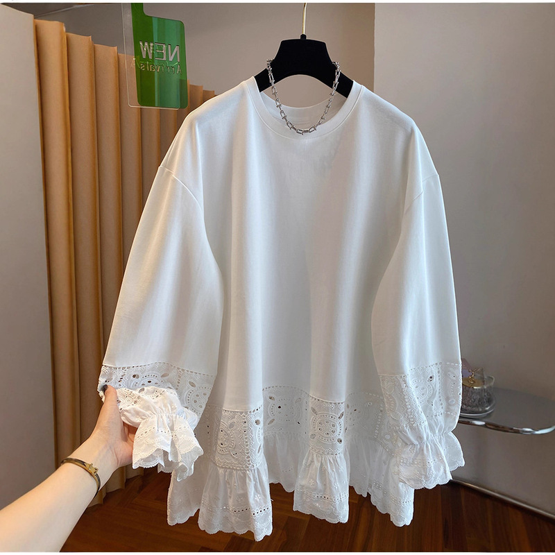 Autumn Plus Size 120kg Fat Girl White Cut Out Lace Splicing T-Shirt Women's Loose Round Neck Bottoming Shirt Top