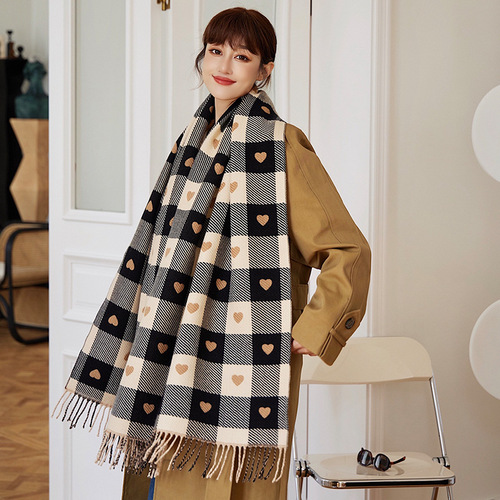 Tassel checkerboard warm love plaid imitation cashmere scarf for women winter Korean version core-spun yarn shawl scarf