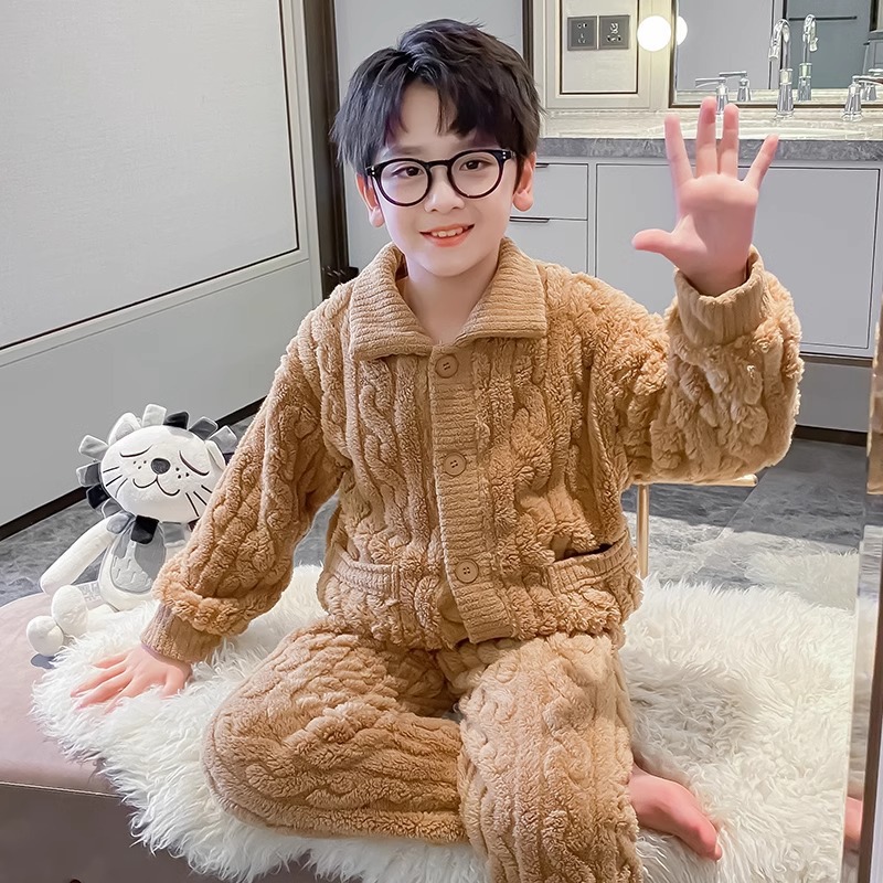 (2개) 어린이 의류 소년 잠옷 홈 의류 산호 양털 세트 가을과 겨울 기모 두꺼운 소년 속옷 큰 어린이를위한 따뜻한