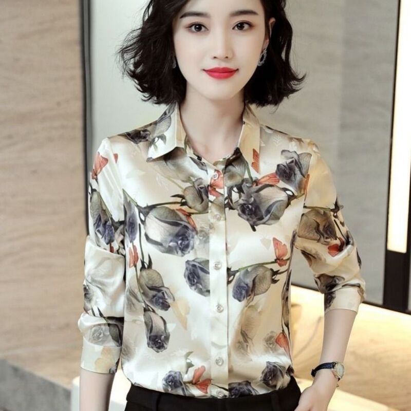Spring and Autumn Imitation Silk Women's Long Sleeve Shirt with Rose Print, Fashionable Plus Size Satin Top, Slimming Elegant Women's Base Shirt