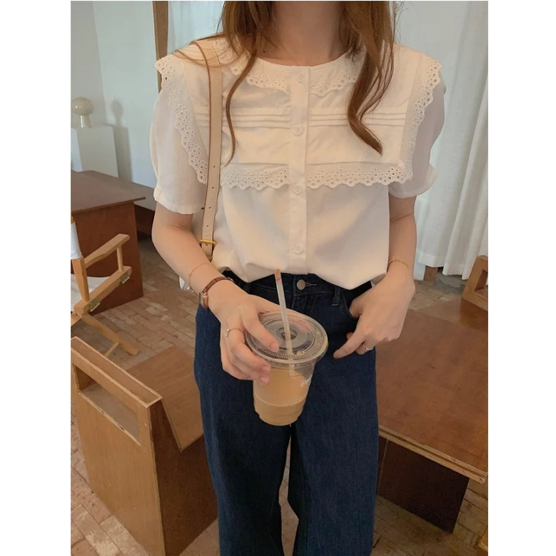 White Lace Sailor Collar Shirt for Women, Spring/Summer 2023, Short-Sleeved Shirt with a Gentle and Stylish Design, Niche and Versatile White Lace Sailor Collar Shirt for Women, Spring/Summer 2023, Short-Sleeved Shirt with a Gentle and Stylish Design, Niche and Versatile