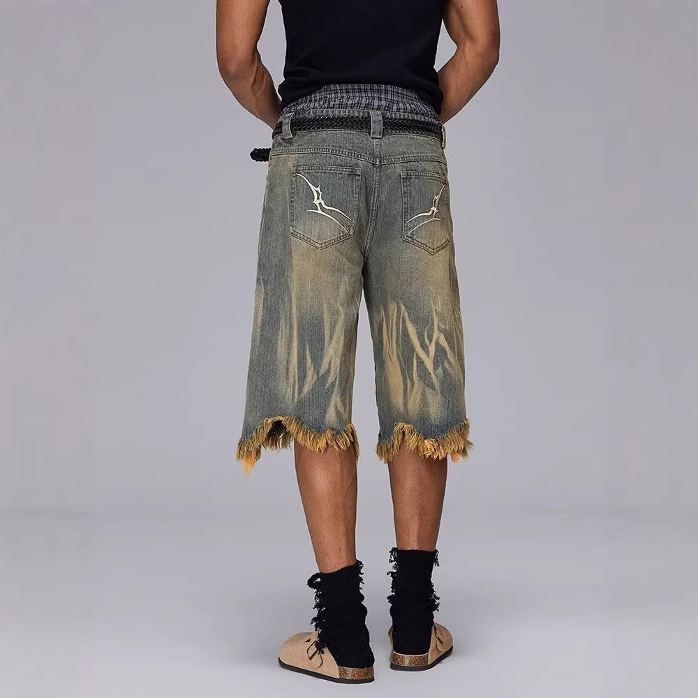 Men's Washed Denim Shorts Trendy Brand Loose Fit Cropped Style Distressed Finish Yellow Mud Dye Summer Casual Clothing_mkmklike.com