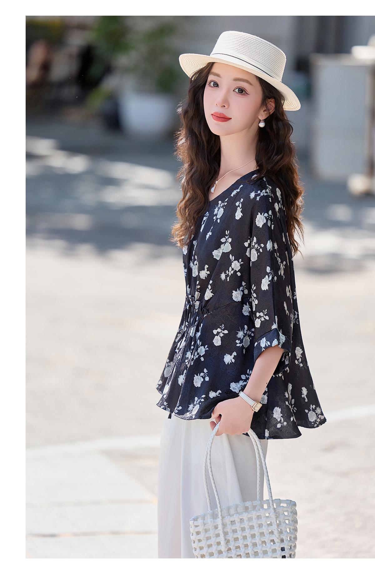 Bộ vest nữ hai mảnh áo sơ mi in họa tiết cổ V kết hợp quần ống rộng — Màu ảnh chi tiết 13