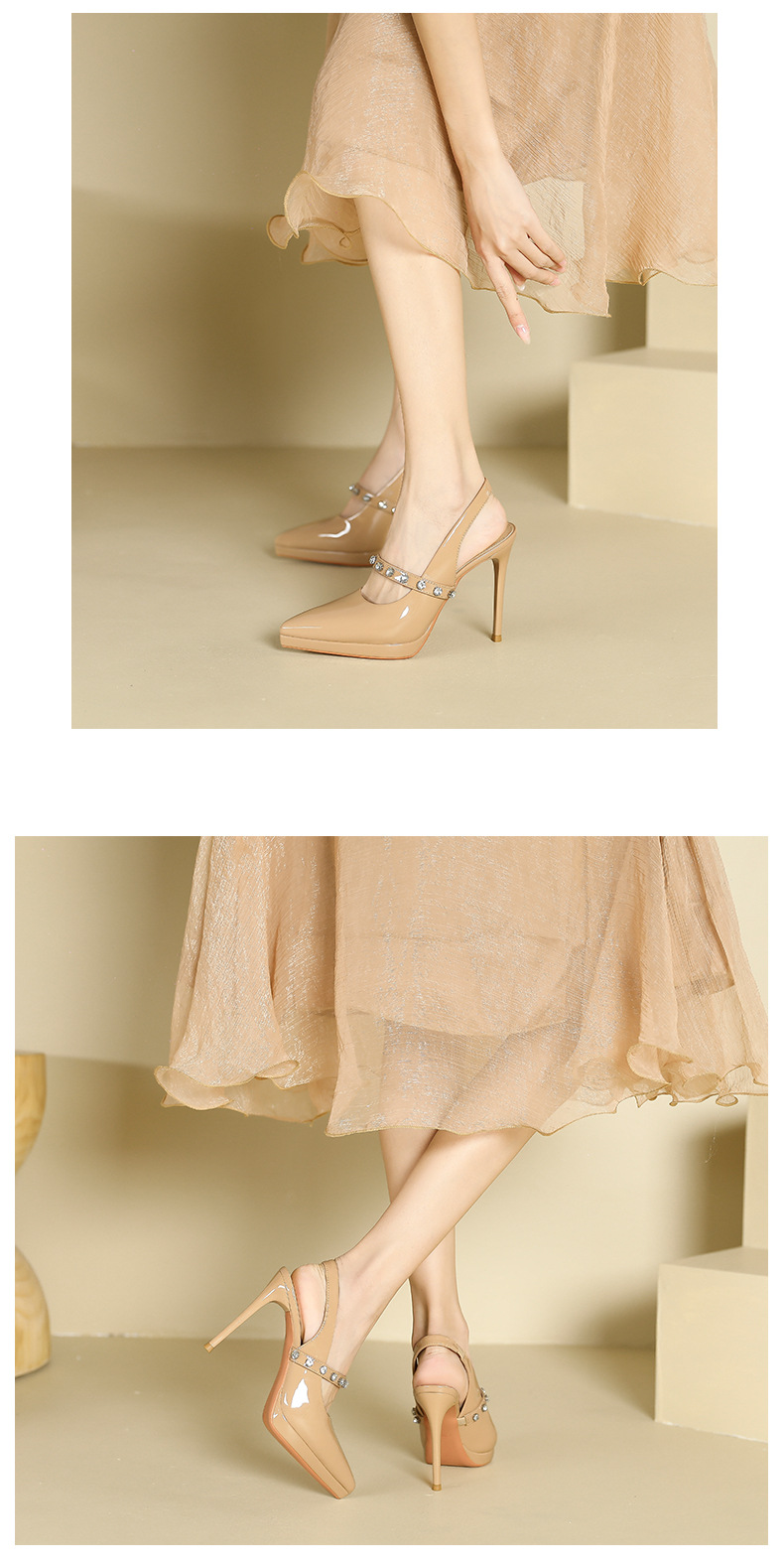 Sandal cao gót nữ mũi nhọn đính đá rhinestone, gót nhọn, quai cao, phong cách rỗng sau — Trắng be chi tiết 7