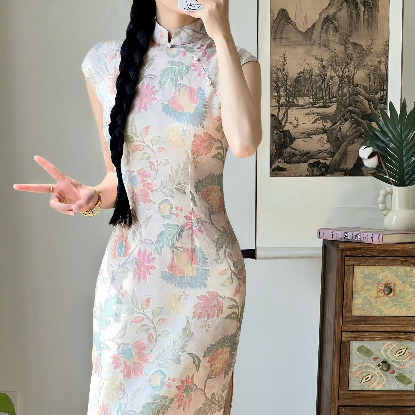 新中式改良少女棉麻收腰旗袍2026夏新优雅气质温柔国风文艺小包袖