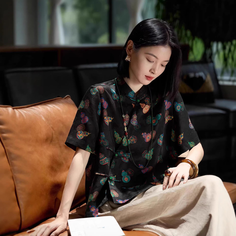 2026 Summer New Style Chinese-Style Blouse for Girls, Gourd-Shaped Design, Symbolizing Fortune and Prosperity, Red Cloud Gauze, New Chinese-Style Shirt
