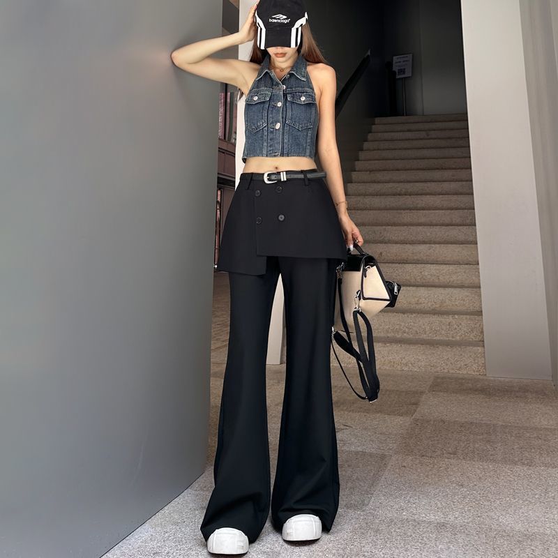 灰色微喇叭瑜伽裤子女秋季新款设计感假两件屁帘长裤修身马蹄裤裙|undefined