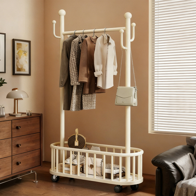 Floor-Standing Clothes Rack with Wheels for Rental Apartments, Bedrooms, Dorms, and Living Rooms; a Movable Clothes Hanger and Storage Rack Floor-Standing Clothes Rack with Wheels for Rental Apartments, Bedrooms, Dorms, and Living Rooms; a Movable Clothes Hanger and Storage Rack